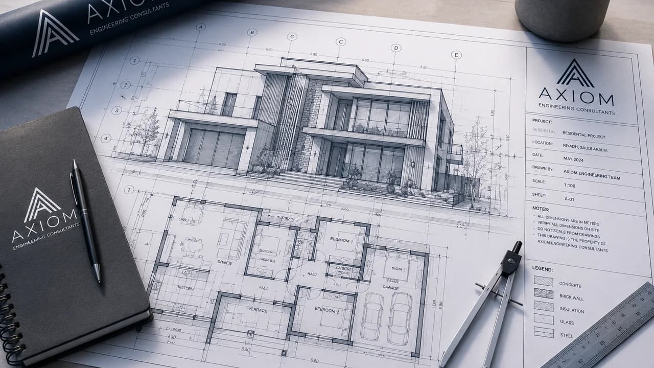 Axiom engineering drawings, sketches, and project documentation on a review desk