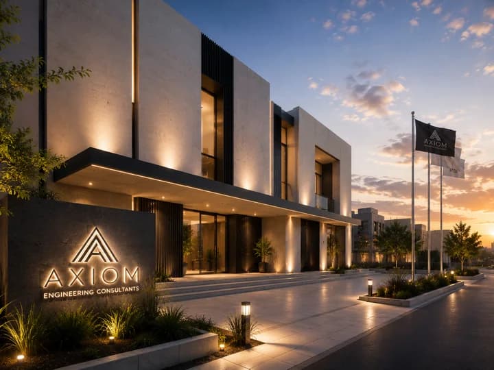 Axiom office building entrance illuminated at sunset