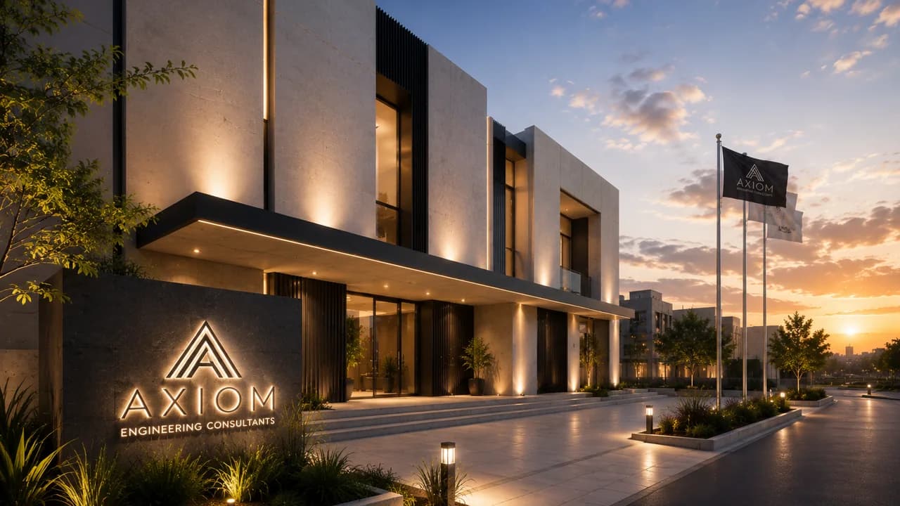 Axiom office building entrance illuminated at sunset