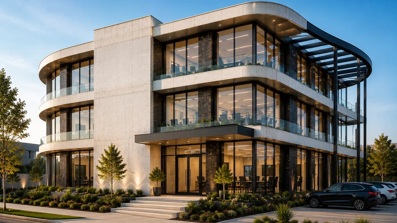 Completed modern commercial building representing delivered engineering work