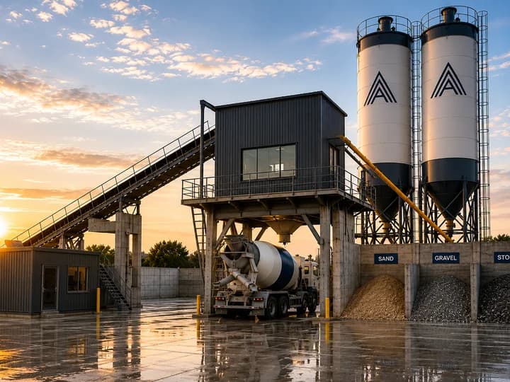 Concrete batching plant at sunset representing industrial and materials coordination