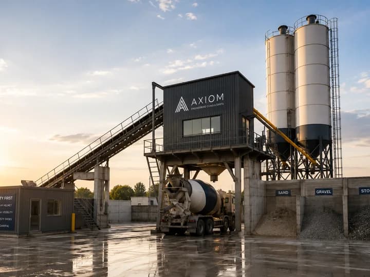 Concrete batching plant with Axiom signage and materials bins