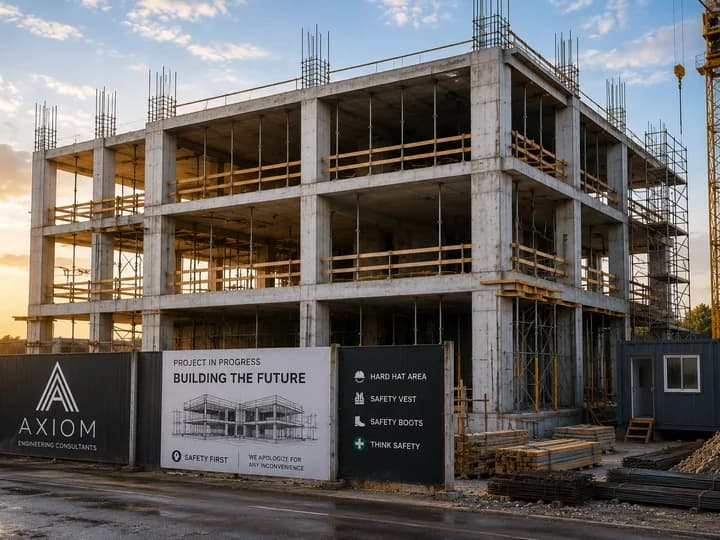 Concrete frame building under construction with crane and Axiom site board