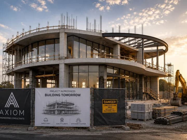 Curved commercial building under construction with safety fencing and site board