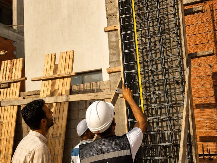 Site team inspecting masonry wall alignment on a construction project