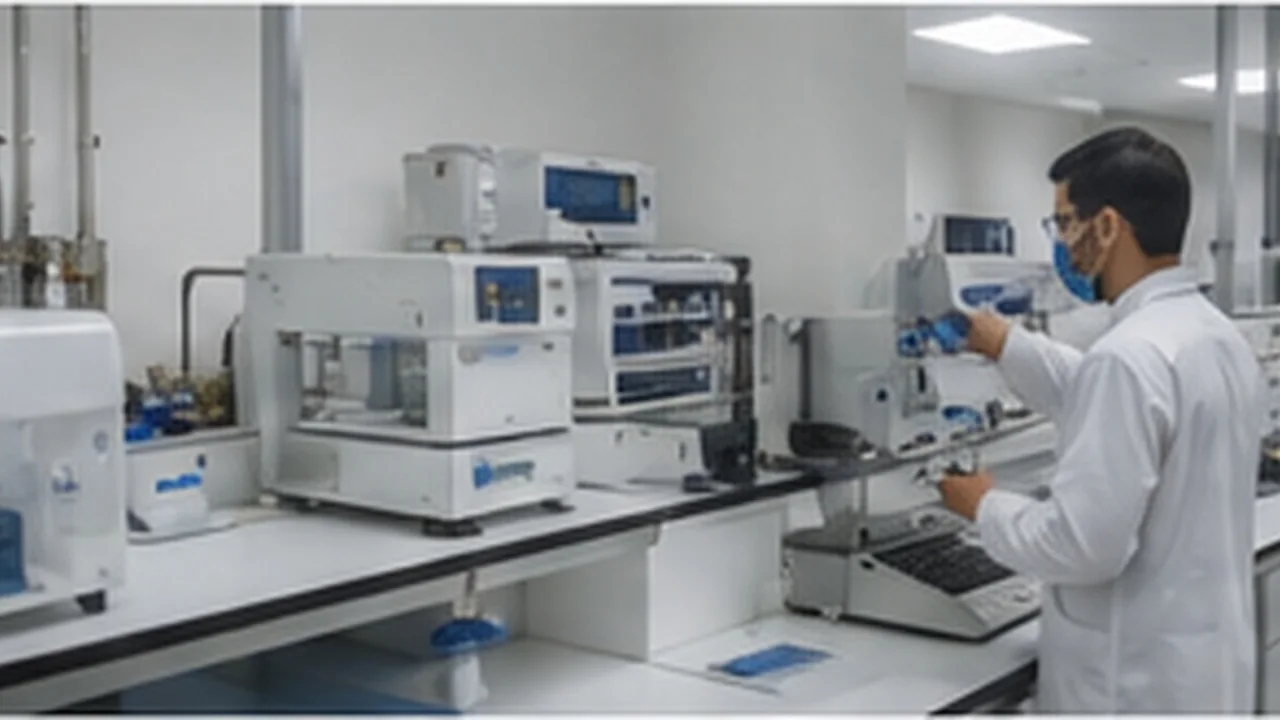 Laboratory technician operating materials testing equipment