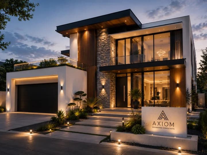 Modern villa with Axiom project sign at the front landscape