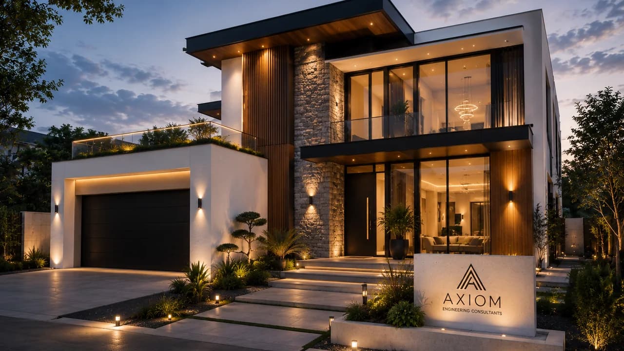 Modern villa with Axiom project sign at the front landscape