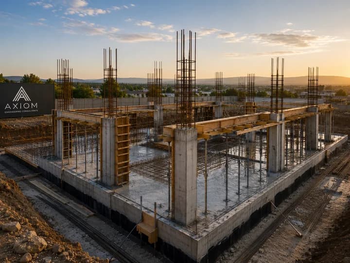 Reinforced concrete foundation construction with vertical rebar and formwork