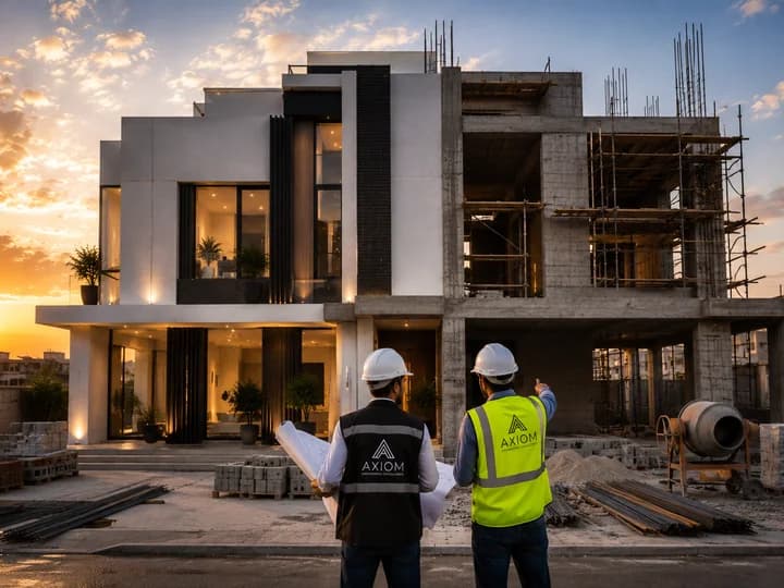 Two site engineers supervising residential construction work at sunset