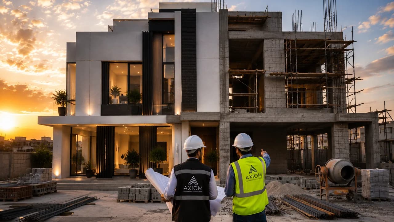 Two site engineers supervising residential construction work at sunset