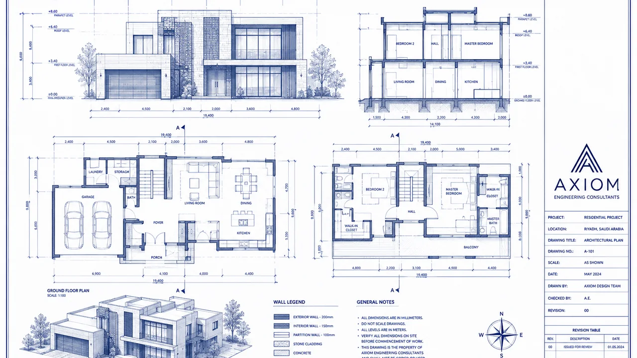 Architectural blueprint sheet with plans, sections, and elevation drawings