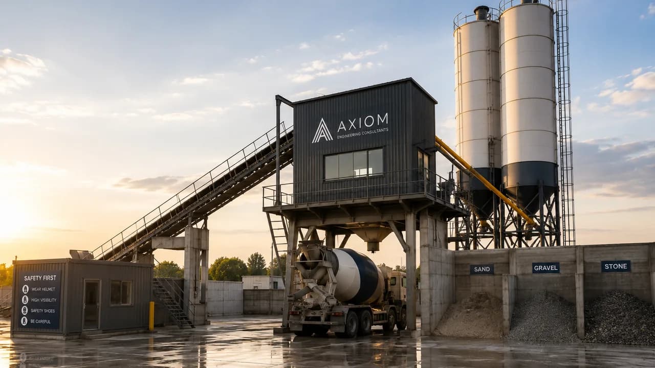 Concrete batching plant with Axiom signage and materials bins